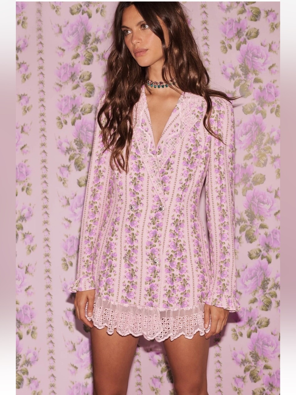 $595 LoveShackFancy Moonstone Blazer Inspired Double Breasted Floral Minidress P